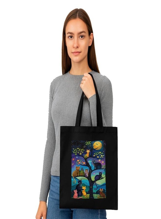 PrintingZone حقيبة تسوق سوداء من PrintingZone مزودة بجيب، حقائب قماشية مطبوعة بتصميمات مميزة للنساء، سعة كبيرة | حقيبة تسوق | للجامعة | للسفر | المزيد من حقائب اليد القماشية للجنسين (BTB284) - Image 2